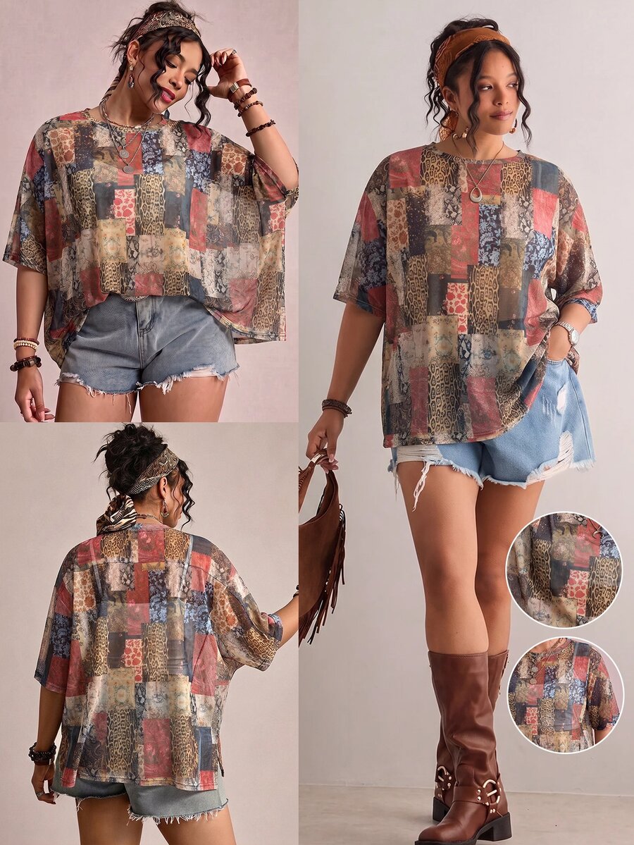 Freevana Plus Size Women's Fall Patchwork Leopard & Floral Print Round Neck Blouse Top Casual Style