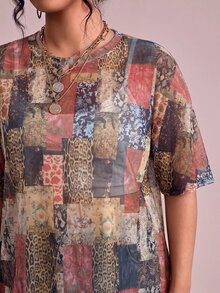 Freevana Plus Size Women's Fall Patchwork Leopard & Floral Print Round Neck Blouse Top Casual Style - Multicolor - View 6
