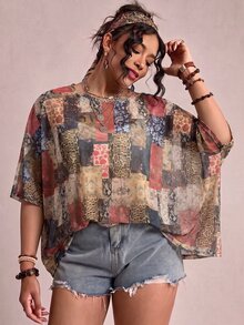 Freevana Plus Size Women's Fall Patchwork Leopard & Floral Print Round Neck Blouse Top Casual Style - Multicolor - View 8