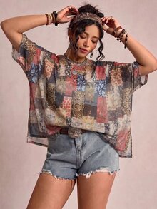Freevana Plus Size Women's Fall Patchwork Leopard & Floral Print Round Neck Blouse Top Casual Style - Multicolor - View 4