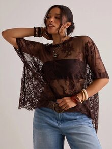 Freevana Plus Size Women Sheer Lace Blouse, Versatile Carnival Concert Party Beach Brown Summer Sexy - Coffee Brown - View 1
