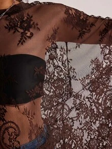 Freevana Plus Size Women Sheer Lace Blouse, Versatile Carnival Concert Party Beach Brown Summer Sexy - Coffee Brown - View 9