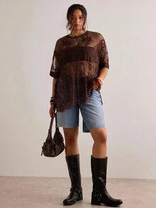 Freevana Plus Size Women Sheer Lace Blouse, Versatile Carnival Concert Party Beach Brown Summer Sexy - Coffee Brown - View 3