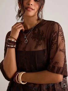 Freevana Plus Size Women Sheer Lace Blouse, Versatile Carnival Concert Party Beach Brown Summer Sexy - Coffee Brown - View 6