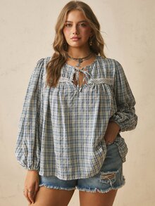 Freevana Plus Size Vacation Casual Plaid Lantern Sleeve Shirt Fall - Blue - View 4