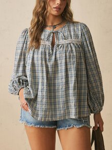 Freevana Plus Size Vacation Casual Plaid Lantern Sleeve Shirt Fall - Blue - View 6