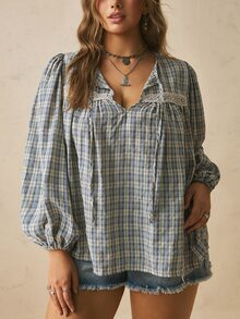Freevana Plus Size Vacation Casual Plaid Lantern Sleeve Shirt Fall - Blue - View 7