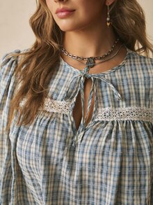 Freevana Plus Size Vacation Casual Plaid Lantern Sleeve Shirt Fall - Blue - View 9
