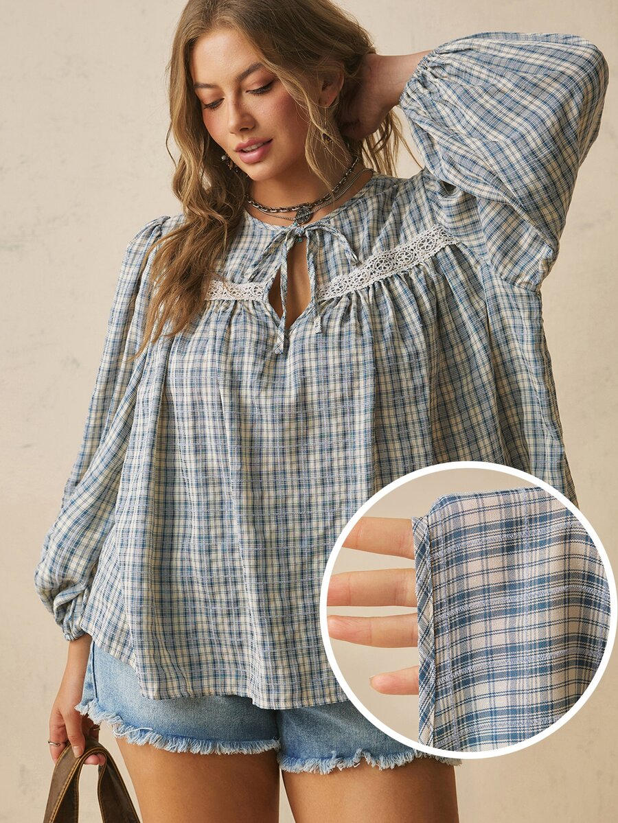 Freevana Plus Size Vacation Casual Plaid Lantern Sleeve Shirt Fall