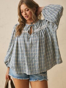 Freevana Plus Size Vacation Casual Plaid Lantern Sleeve Shirt Fall - Blue - View 11