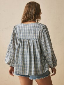 Freevana Plus Size Vacation Casual Plaid Lantern Sleeve Shirt Fall - Blue - View 3