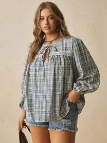 Freevana Plus Size Vacation Casual Plaid Lantern Sleeve Shirt Fall - Blue - View 5