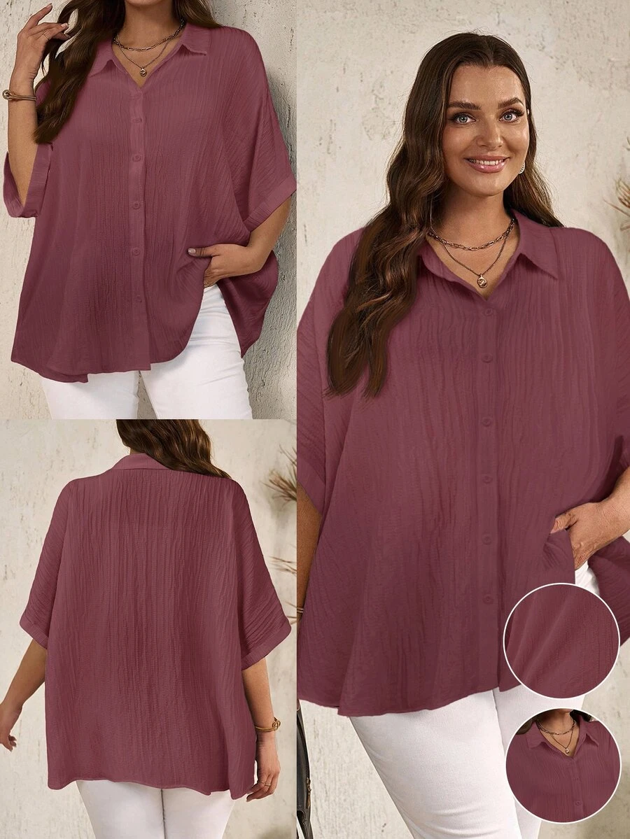 EMERY ROSE Plus Size Women's Solid Color Batwing Sleeve Single-Breasted Casual Shirt Fall - Red Violet - View 1