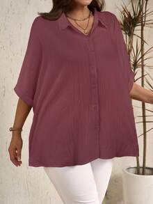 EMERY ROSE Plus Size Women's Solid Color Batwing Sleeve Single-Breasted Casual Shirt Fall - Red Violet - View 3