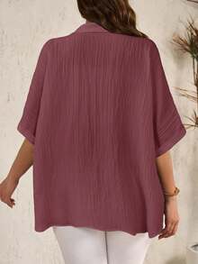 EMERY ROSE Plus Size Women's Solid Color Batwing Sleeve Single-Breasted Casual Shirt Fall - Red Violet - View 2