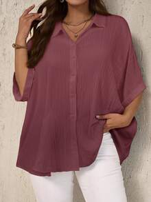 EMERY ROSE Plus Size Women's Solid Color Batwing Sleeve Single-Breasted Casual Shirt Fall - Red Violet - View 1