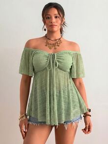 Freevana Plus Size Women's Solid Color Off-Shoulder Front Tie Short Sleeve Top - Mint Green - View 4