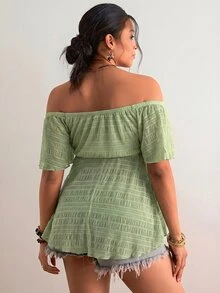 Freevana Plus Size Women's Solid Color Off-Shoulder Front Tie Short Sleeve Top - Mint Green - View 3