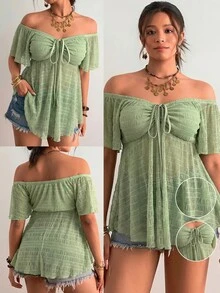 Freevana Plus Size Women's Solid Color Off-Shoulder Front Tie Short Sleeve Top - Mint Green - View 8