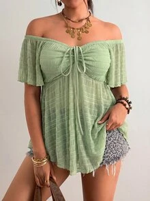 Freevana Plus Size Women's Solid Color Off-Shoulder Front Tie Short Sleeve Top - Mint Green - View 5