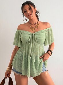 Freevana Plus Size Women's Solid Color Off-Shoulder Front Tie Short Sleeve Top - Mint Green - View 7