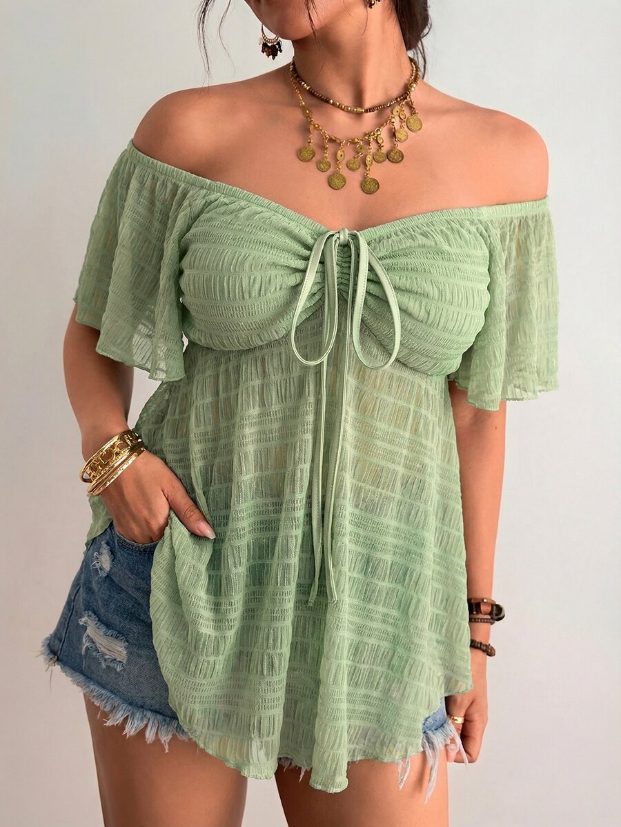 Freevana Plus Size Women's Solid Color Off-Shoulder Front Tie Short Sleeve Top