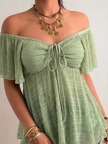 Freevana Plus Size Women's Solid Color Off-Shoulder Front Tie Short Sleeve Top - Mint Green - View 6
