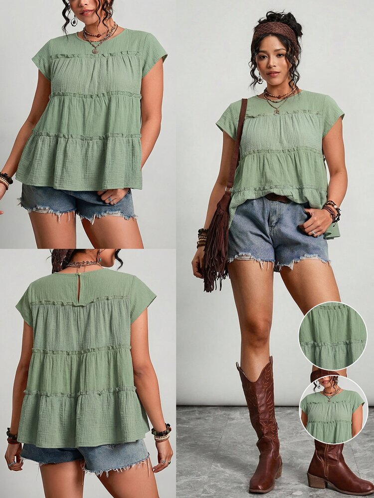 Freevana Plus Size Summer Casual Patchwork Shirt Women's Cotton Tops Women's Tops And Blouses Women's Tops For Summer Blouse For Women Casual Women's Summer Outfits Mother's Day - Mint Green - View 7