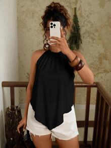 Travachic Plus Size Casual Solid Color Asymmetric Hem Halter Neck Top - Multicolor - View 4
