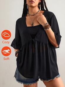 Freevana Plus Size Black Solid Color Kimono, Casual Normal Tropical Summer Beachwear, Seven-Angle Flare Sleeve Shirt, Front Tie Design, Bohemian Style Top - Black - View 8