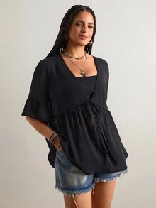 Freevana Plus Size Black Solid Color Kimono, Casual Normal Tropical Summer Beachwear, Seven-Angle Flare Sleeve Shirt, Front Tie Design, Bohemian Style Top - Black - View 6