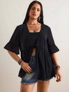 Freevana Plus Size Black Solid Color Kimono, Casual Normal Tropical Summer Beachwear, Seven-Angle Flare Sleeve Shirt, Front Tie Design, Bohemian Style Top - Black - View 5
