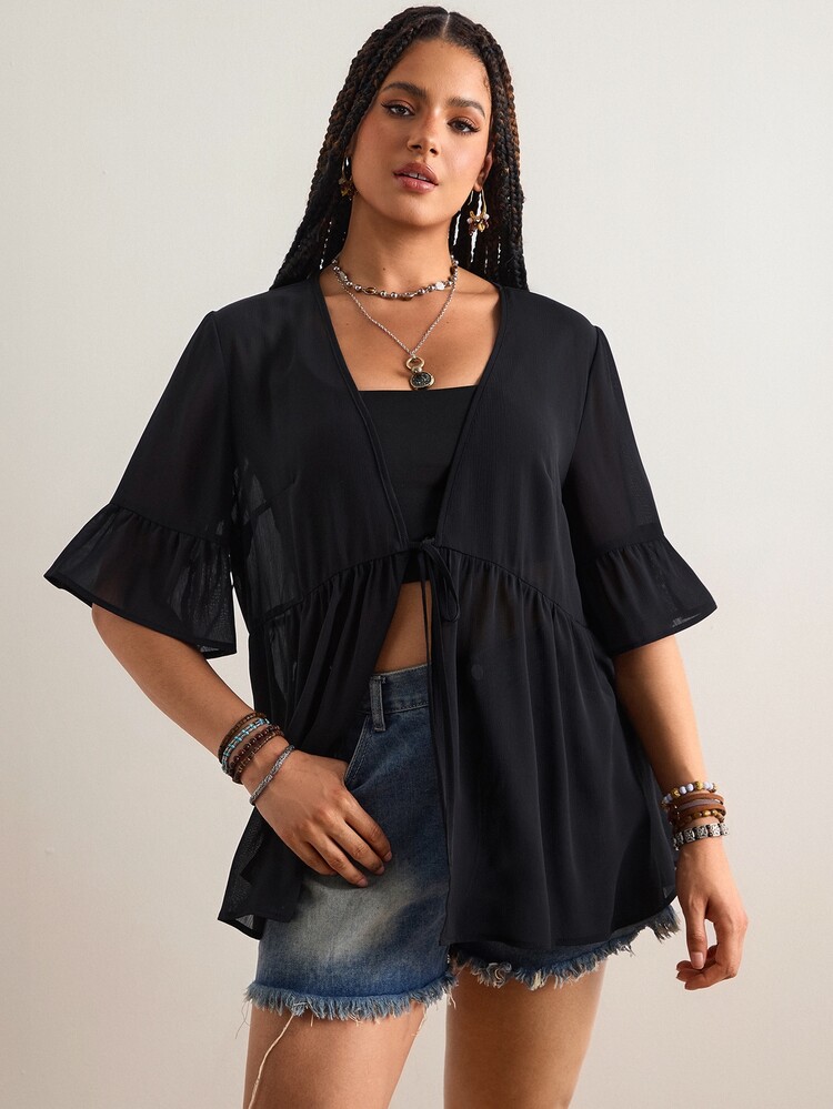 Freevana Plus Size Black Solid Color Kimono, Casual Normal Tropical Summer Beachwear, Seven-Angle Flare Sleeve Shirt, Front Tie Design, Bohemian Style Top - Black - View 4
