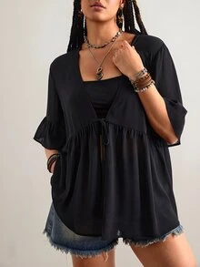 Freevana Plus Size Black Solid Color Kimono, Casual Normal Tropical Summer Beachwear, Seven-Angle Flare Sleeve Shirt, Front Tie Design, Bohemian Style Top - Black - View 2