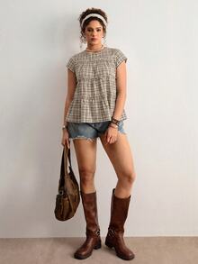 Freevana Plus Size Summer Casual Plaid Ruffle Trim Shirt - Black - View 7