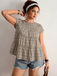 Freevana Plus Size Summer Casual Plaid Ruffle Trim Shirt - Black - View 2