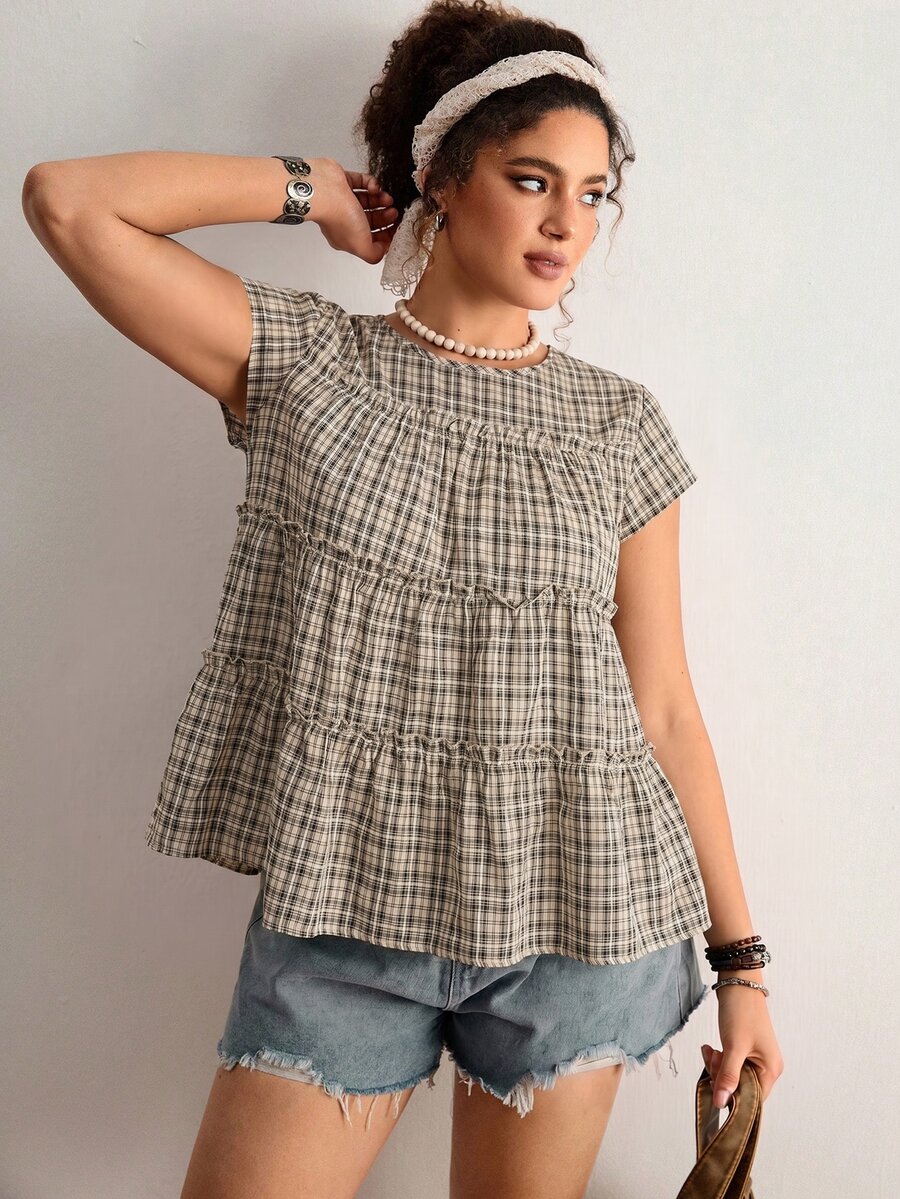 Freevana Plus Size Summer Casual Plaid Ruffle Trim Shirt
