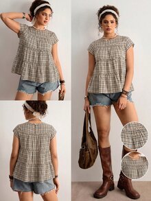 Freevana Plus Size Summer Casual Plaid Ruffle Trim Shirt - Black - View 8