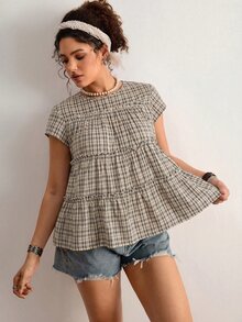 Freevana Plus Size Summer Casual Plaid Ruffle Trim Shirt - Black - View 4