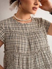 Freevana Plus Size Summer Casual Plaid Ruffle Trim Shirt - Black - View 6