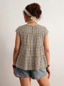 Freevana Plus Size Summer Casual Plaid Ruffle Trim Shirt - Black - View 3