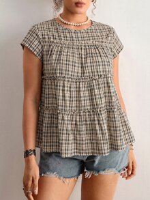 Freevana Plus Size Summer Casual Plaid Ruffle Trim Shirt - Black - View 5