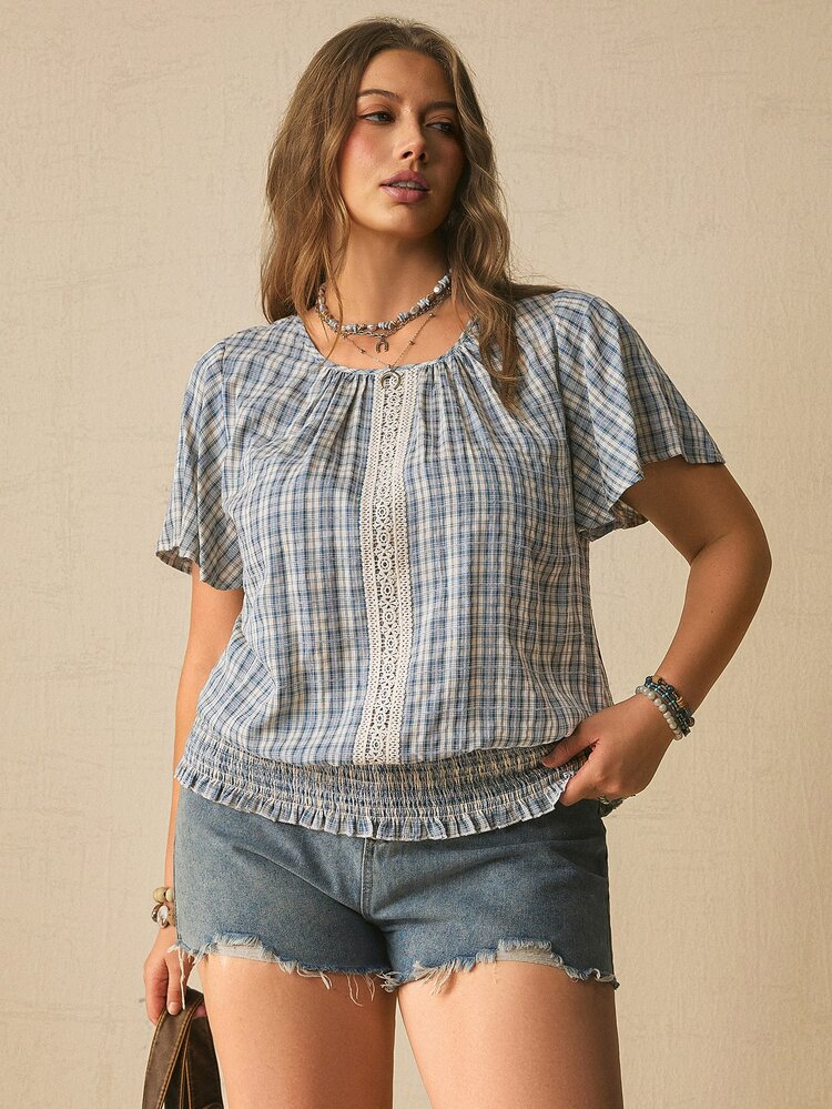 Freevana Women's Plus Size Round Neck Short Sleeve Light Blue Plaid Shirt Loose Boho Casual Summer Vacation Date Date Night Vacation Night Vacation - Blue - View 5