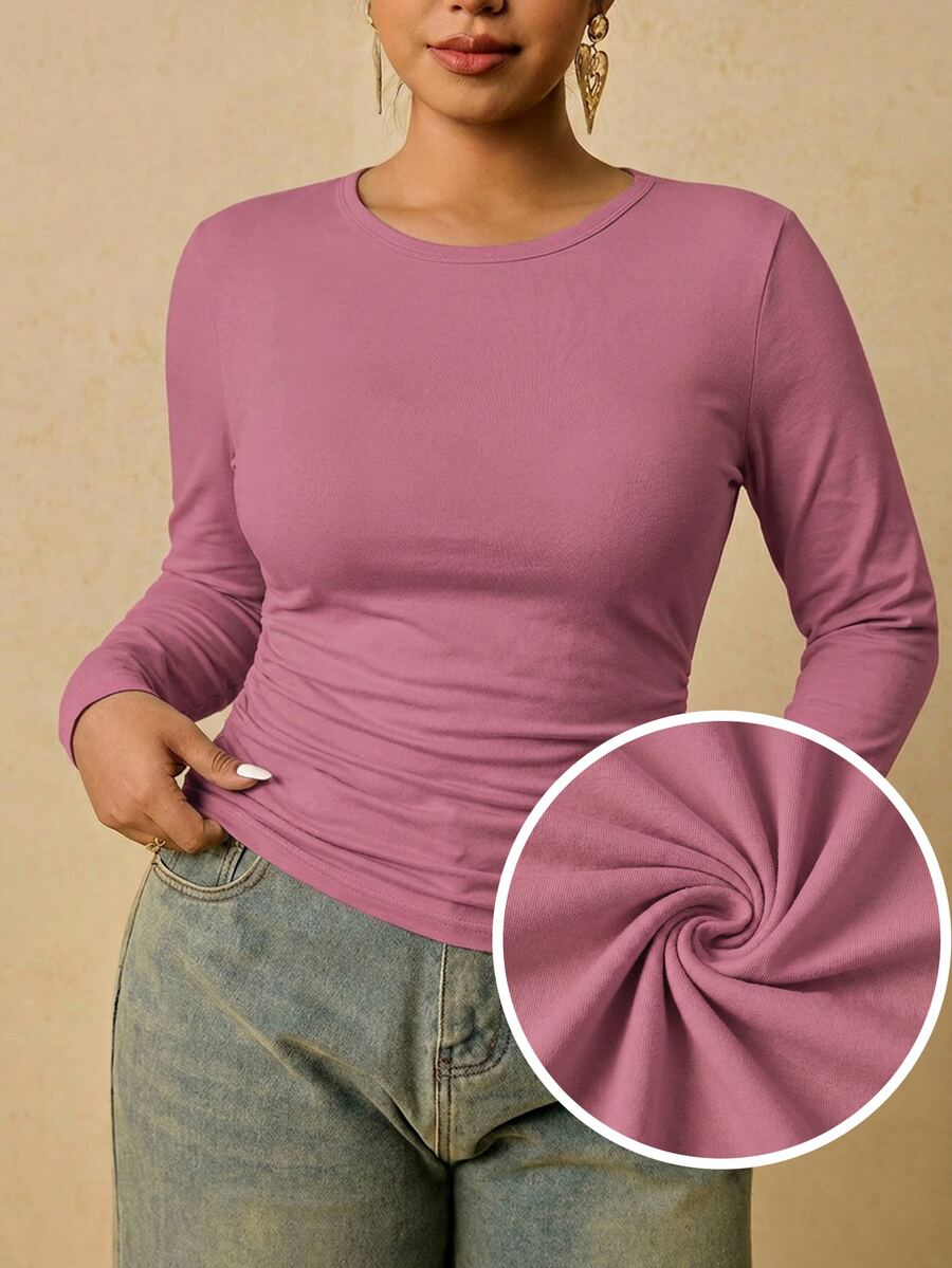 Freevana Plus Size Women's Dark Purple Long Sleeve Round Neck Thermal Base Layer, Ruched Waist T-Shirt Club Formal Autumn Casual - Red Violet - View 1