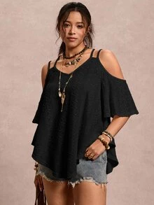 Freevana Plus Size Women's Solid Color Off-Shoulder Short Sleeve Casual T-Shirt - Black - View 4