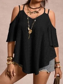 Freevana Plus Size Women's Solid Color Off-Shoulder Short Sleeve Casual T-Shirt - Black - View 7