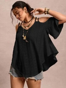 Freevana Plus Size Women's Solid Color Off-Shoulder Short Sleeve Casual T-Shirt - Black - View 6