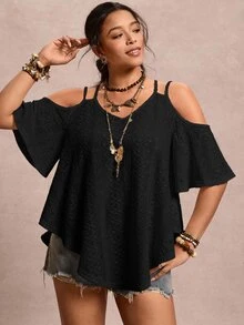 Freevana Plus Size Women's Solid Color Off-Shoulder Short Sleeve Casual T-Shirt - Black - View 5