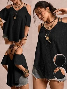 Freevana Plus Size Women's Solid Color Off-Shoulder Short Sleeve Casual T-Shirt - Black - View 9