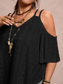 Freevana Plus Size Women's Solid Color Off-Shoulder Short Sleeve Casual T-Shirt - Black - View 8